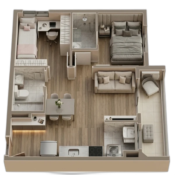 Planta 3D 43m² 2 Dorms com Terraço